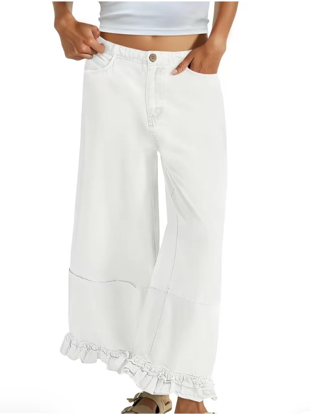 Women's White Wide-Leg Ruffle Hem Jeans